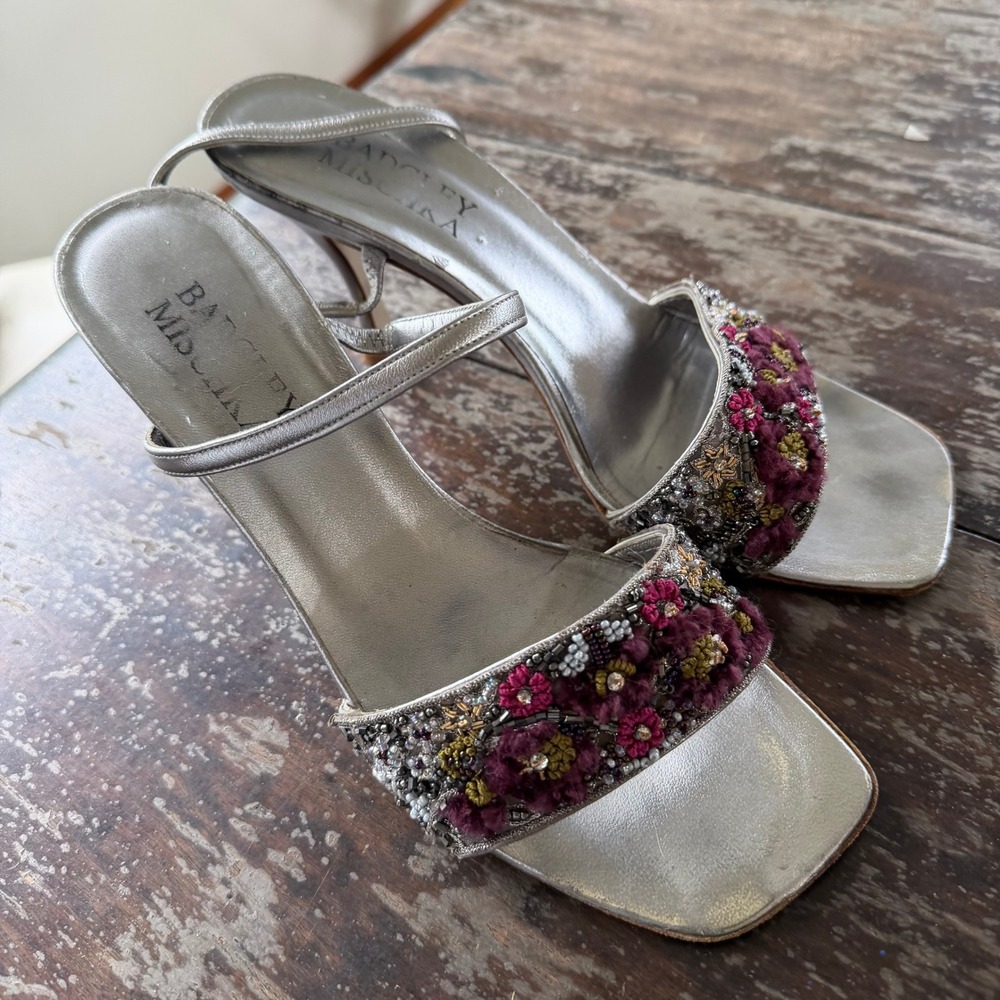 Badgley Mischka Silver Leather Beaded Floral Square Toe Slingback Heels Size 39